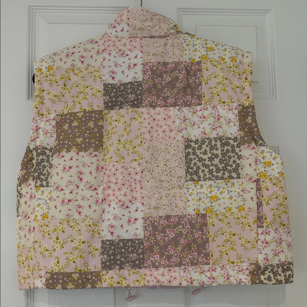 THREAD & SUPPLY quilted pastel vest floral patchwork full zip pockets pink large - Picture 5 of 15